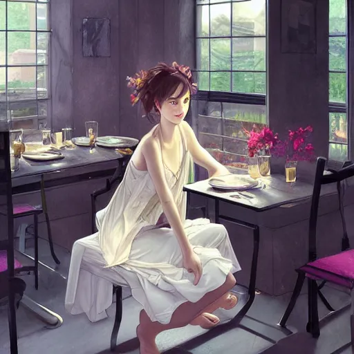 Image similar to a dinner date with the girl next door, slice of life, modern, realistic,!! looking at the camera!!, solo, first person pov, enjoying life!!! elegant, highly detailed, digital painting, artstation, concept art, matte, sharp focus, illustration, art by artgerm and greg rutkowski and alphonse mucha