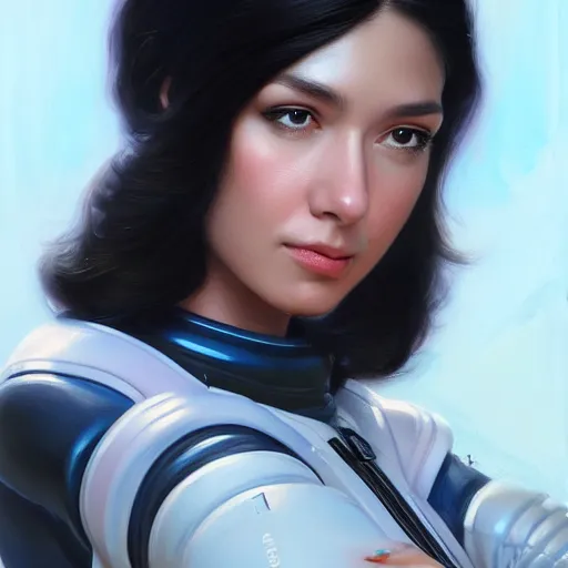 Image similar to a portrait of a very beautiful woman in a spacesuit, Alexandria\'s genesis, shoulder-length black hair, bored, illustration, soft lighting, soft details, painting oil on canvas by mark arian by artgerm, trending on artstation, 4k, 8k, HD