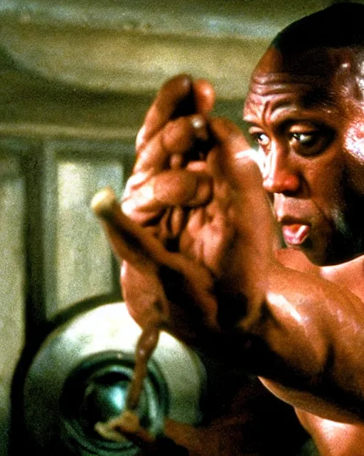 Image similar to film still close - up shot of dwayne johnson as john coffey petting a mouse in the movie the green mile. photographic, photography