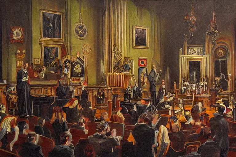 Prompt: a dark sinister ritual at a freemason temple, oil painting, highly detailed