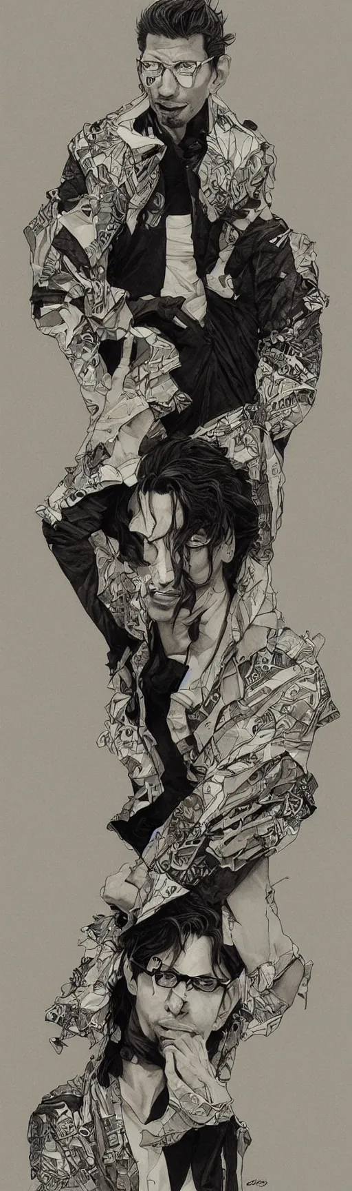 Image similar to amazing lifelike award winning pencil illustration of Jeff Goldblum shibuya punk skater trending on art station artgerm Greg rutkowski alphonse mucha cinematic