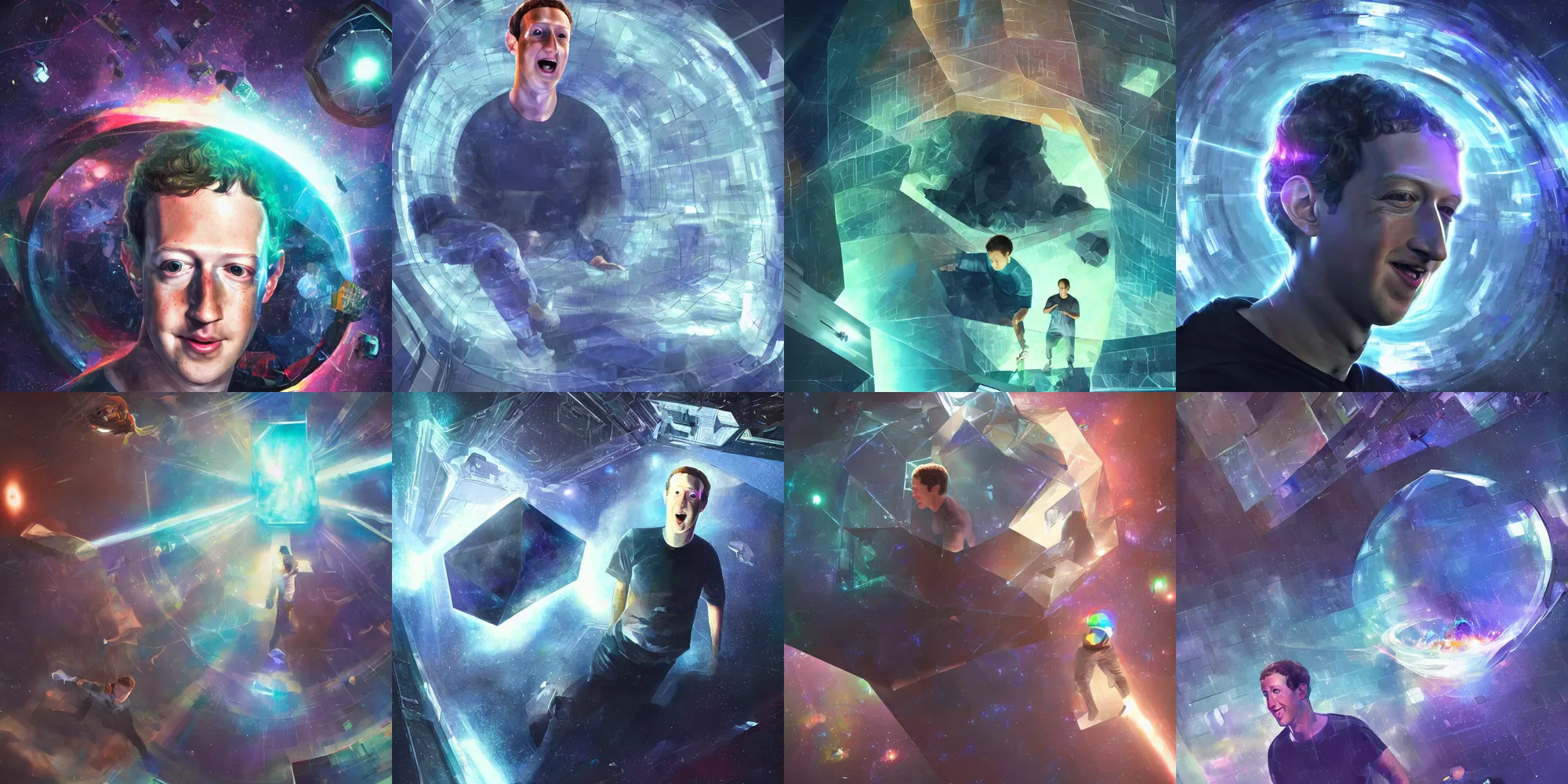 Prompt: mark zuckerberg trapped in a space prism, a prison of his own making, he is screaming but no one can hear him, prismatic destruction, hyperreal, artstation