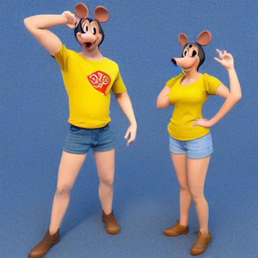 Prompt: 3 d render, portrait, upper body shot, mid shot, anthropomorphic mouse, female, wearing denim short shorts and a off yellow tank top shirt, in the style of disney's robin hood