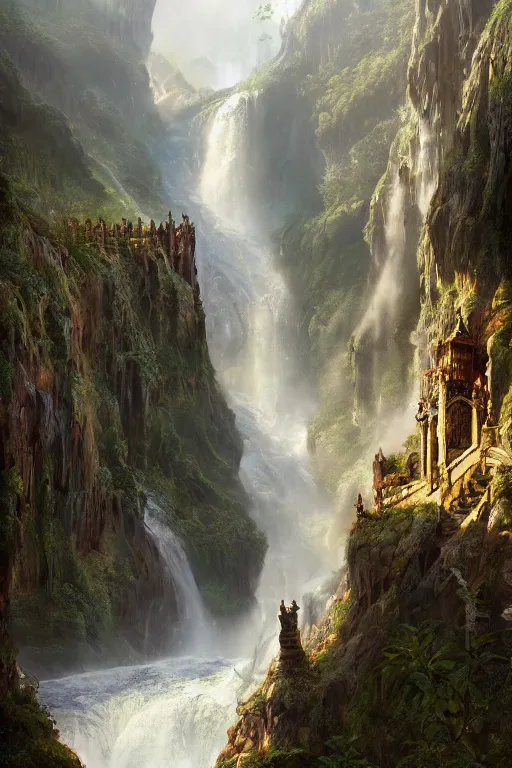 Prompt: a beautiful digital painting of an elven castle, carried by gigantic human statues, huge waterfalls, lovely valley by James Gurney, by Greg Rutkowski, concept art, volumetric lighting, intricate, vivid colors, octane render, trending on artstation, 8k