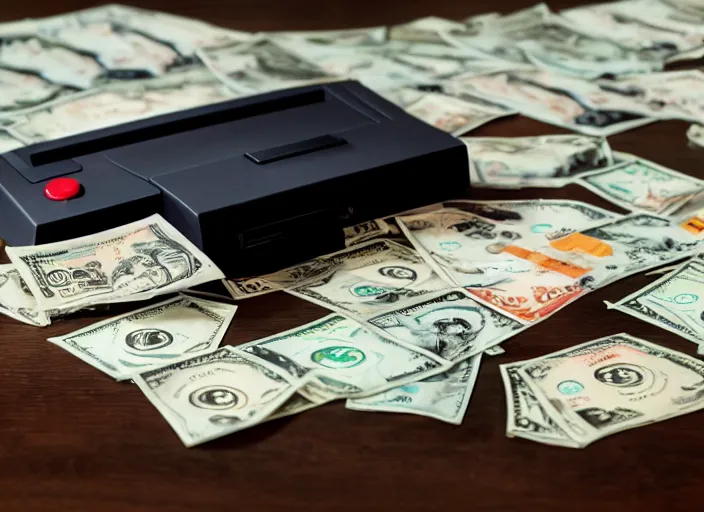 Image similar to realistic photo of nintendo 6 4 video game console in front of stacks of money