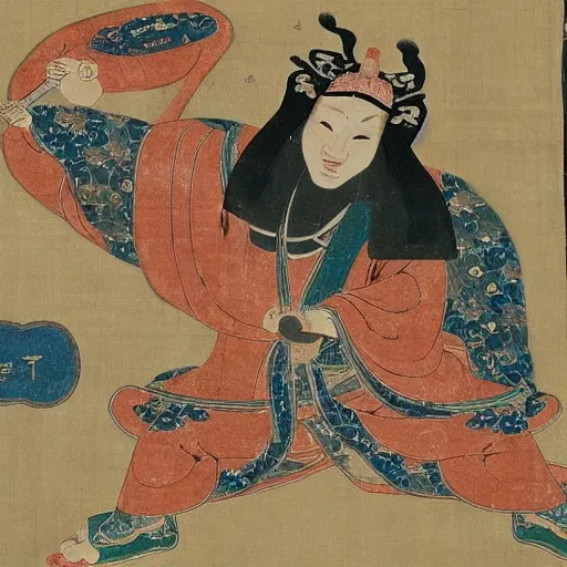 Image similar to found footage of a goryeo Buddhist painting representing a giant monster eating metal