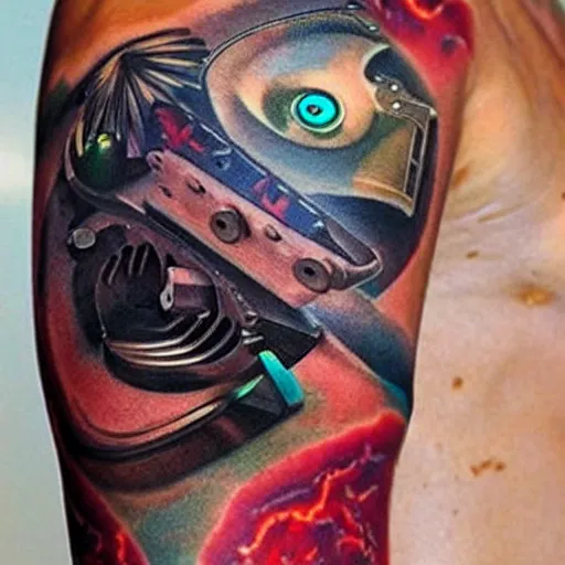 Prompt: arm tattoo of a 3 d hole in the skin with multicolored robotic mechanics inside under the skin, insanely integrate, 3 d