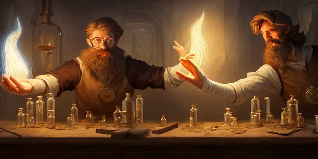 Image similar to a handsome bearded white male wizard with brown hair he is casting a spell emanating from his hands, he is in a alchemist workshop filled with beakers and equipment, neutral hand pose, sharp focus, waist up, 4 k, by greg rutkowski, rudy siswanto and anna podedworna