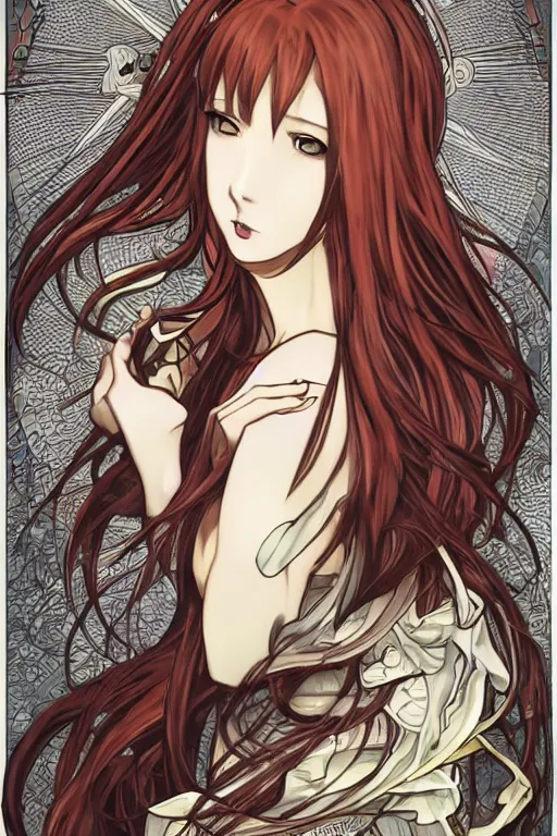 Image similar to Stylish Kurisu Makise tonemapped in the style of Ayami Kojima and Alphonse Mucha