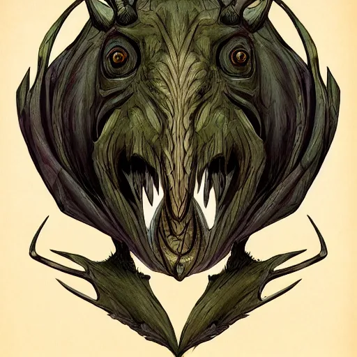 Image similar to A creature in style of Brom, symmetrical, dark fantasy