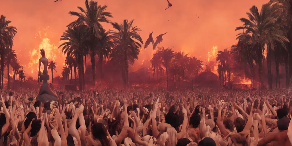 Image similar to realistic cinematic views of a orwellian coachella with fires in the background and dead seagulls falling from the sky in front of the main stage worshipping a large statue of kylie jenner, hyper detailed, terror glows, hyper realistic, digital painting, 8 k, 3 5 mm film grain, octane render