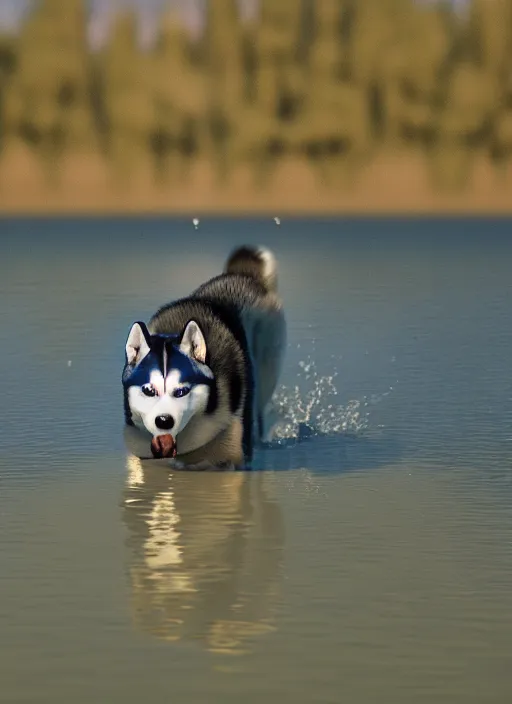 Prompt: Husky walking over water, realistic details, cinematic lighting, 8K HD