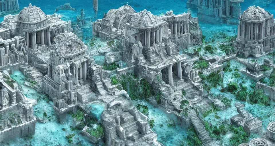 Image similar to the lost city of Atlantis, underwater, from afar, fully built buildings, white marble, hyper detailed, 4K