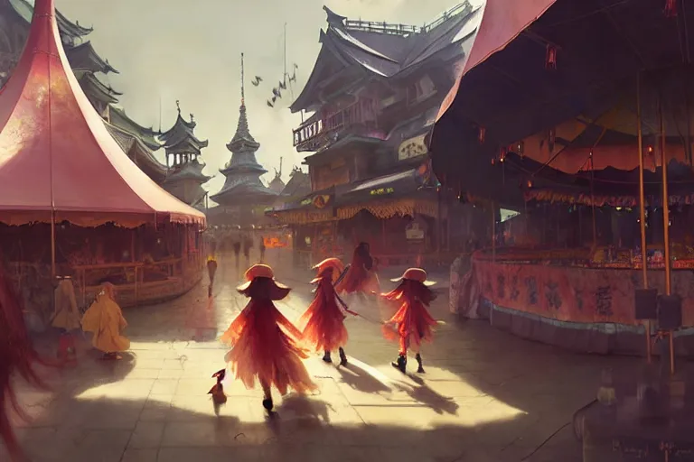 Image similar to close - up of young witches exploring small town carnival amusement, food stalls, big top circus tent, highly detailed, magical, japan, digital painting, concept art, matte, art by ruan jia and wlop and greg rutkowski and makoto shinkai, masterpiece