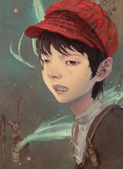 Image similar to prompt : portrait soft light painted by james jean and katsuhiro otomo and erik jones, inspired by akira anime, epic fantasy, a young dark skinned girl with short hair dressed as a boy in plain peasant clothing and a newsboy cap, intricate oil painting, high detail illustration, sharp high detail