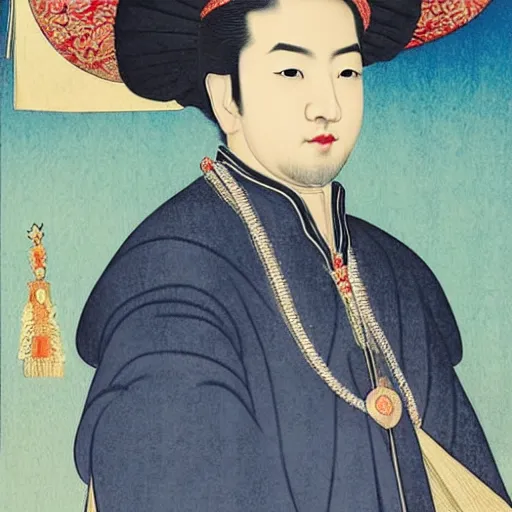 Image similar to sri sultan hamengkubuwono ix, utamaro kitagawa and raden saleh style