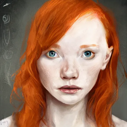 Image similar to studio portrait, a short pale ginger girl with freckles, ginger hair is middle parted, scowling, wearing a black robe, trending on art station, by wlop