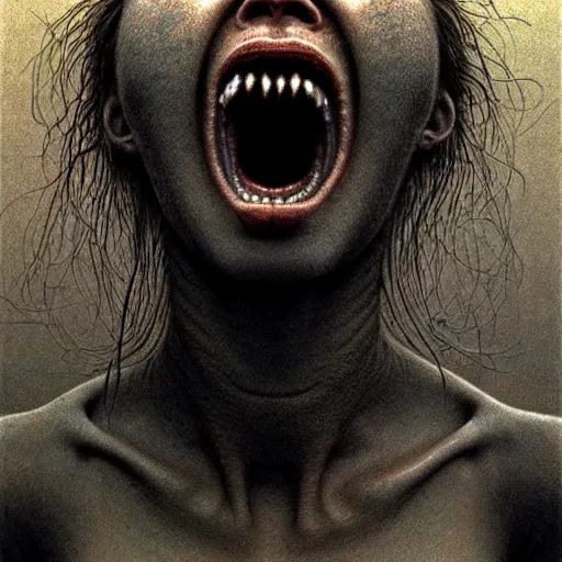 Image similar to ultra realist intricate detailed portrait of a single rugged attractive female screaming single mouth, full body, accurate features, apocalyptic, very intricate details, 8 k resolution, dim lighting, dramatic lighting, artstyle zdzisław beksinski, award winning