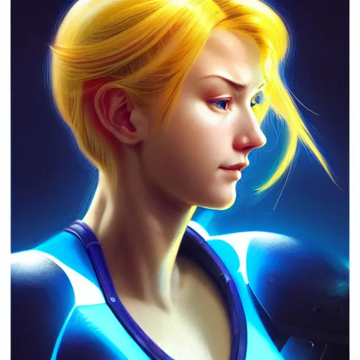 Image similar to head and shoulders portrait of Zero Suit Samus, semi realistic, digital illustration, fantasy, medium shot, intricate, elegant, highly detailed, digital painting, volumetric light, artstation, concept art, smooth, sharp focus, art by Sachin Teng and Gil Elvgren and Greg Manchess and Alphonse Mucha