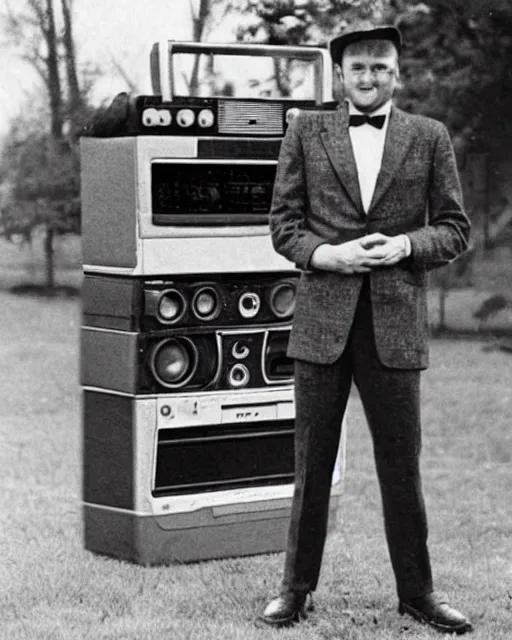 Image similar to a vintage photo of a man with a boombox instead of a head