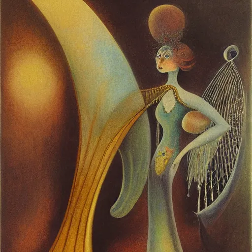 Image similar to By Remedios Varos, a genie trapped in a large harp being played by the worlds oldest man, high res, oil painting