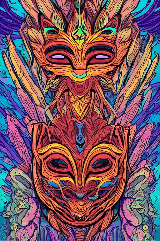 Image similar to animal mask totem roots flower tribal feather gemstone plant wood rock shaman vodoo video game vector cutout illustration vivid multicolor borderlands comics by josan gonzales and dan mumford radiating a glowing aura