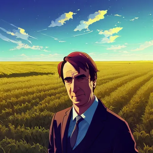 Prompt: “⁠ portrait of Saul Goodman , farm field background, rich vivid colors, ambient lighting, dynamic lighting, 4k, HQ, official media, anime key visual, makoto shinkai, ilya kuvshinov, lois van baarle, rossdraws, detailed, trending on artstation”