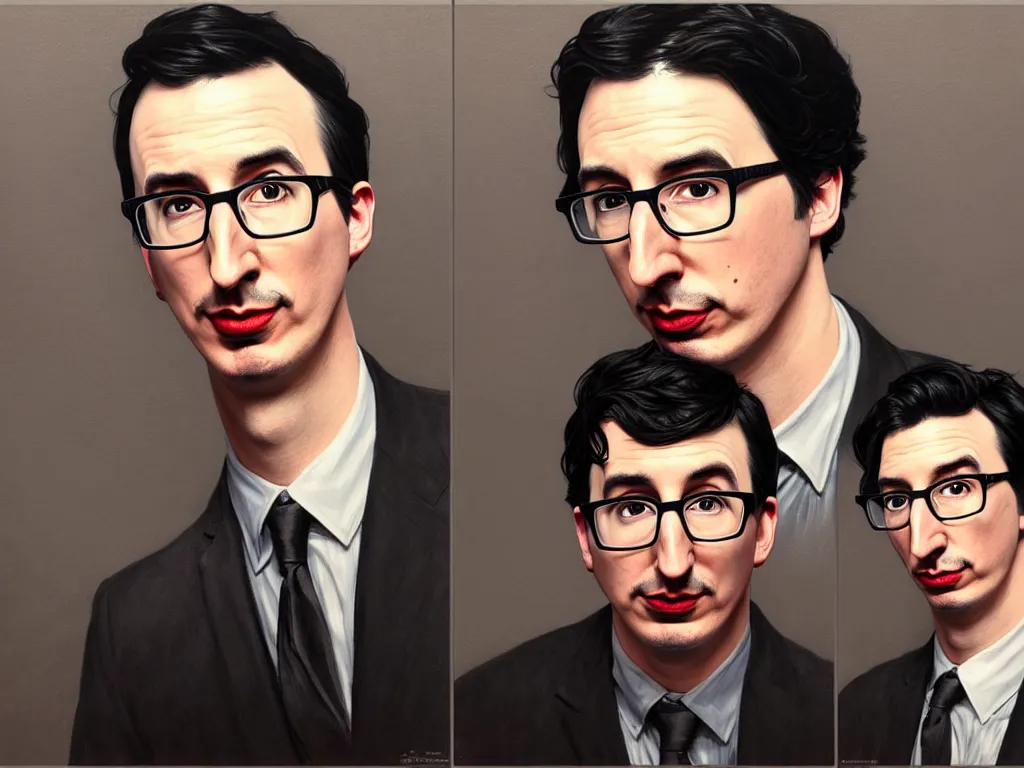 Prompt: photo booth, painting of both john oliver and adam driver together, john oliver in front, full body, elegant, beautiful, highly detailed, centered, dark, smokey, digital painting, concept art, smooth, sharp focus, illustration, deviant art, art by artgerm, art by greg rutkowski, art by alphonse mucha