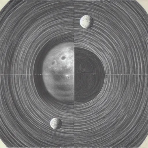 Prompt: gray planet in space orbited by hundreds of moons, bohr model, orbiting, moons