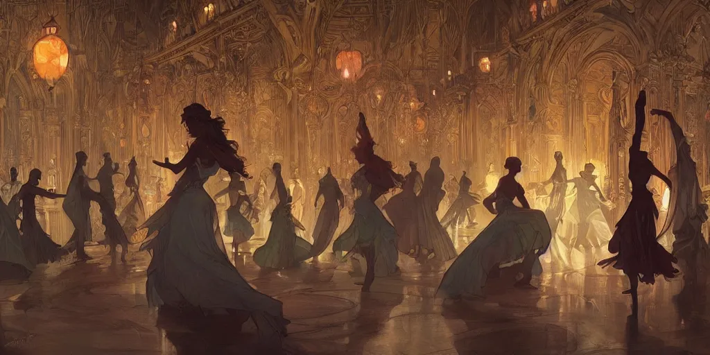 Prompt: beautiful render of a ballroom, concept art, some dancers, at night, medieval!!, bright, artstation, detailled, manga!, fantasy! by greg rutkowski, by alphonse mucha