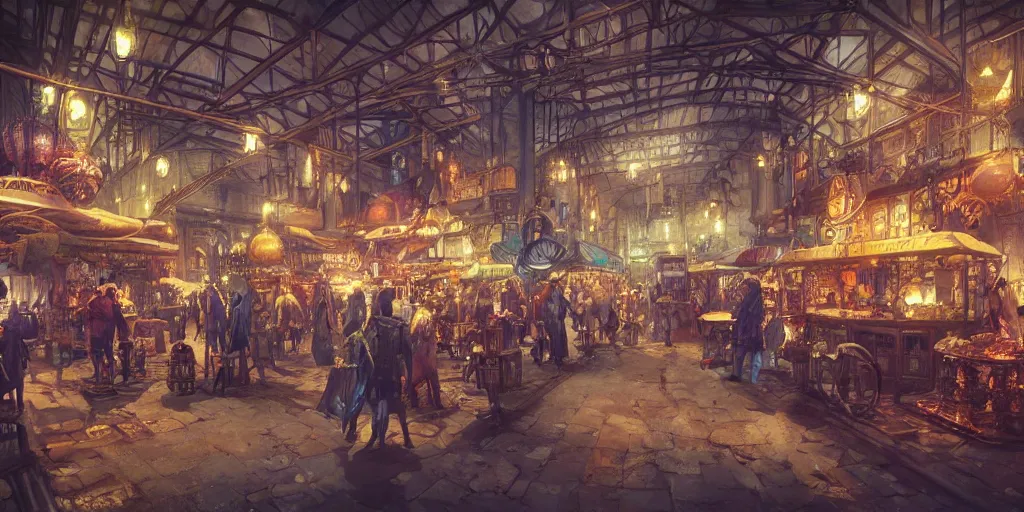 Prompt: steampunk market interior, colorful, 3 d scene, greg rutkowski, zabrocki, karlkka, jayison devadas, trending on artstation, 8 k, ultra wide angle, zenith view, pincushion lens effect