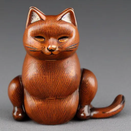 Prompt: elegant anthropomorphic cat figurine wearing a kimono, brown resin, toggles, very highly detailed, intricate, monotone, shy looking down