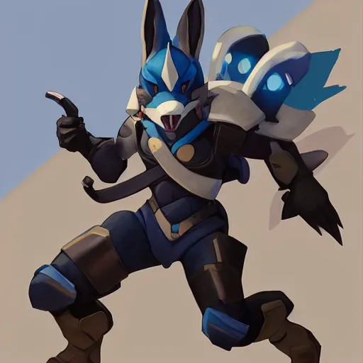 Image similar to greg manchess portrait painting of partially armored lucario as overwatch character, medium shot, asymmetrical, profile picture, organic painting, sunny day, matte painting, bold shapes, hard edges, street art, trending on artstation, by huang guangjian, gil elvgren, ruan jia, greg rutkowski, gaston bussiere