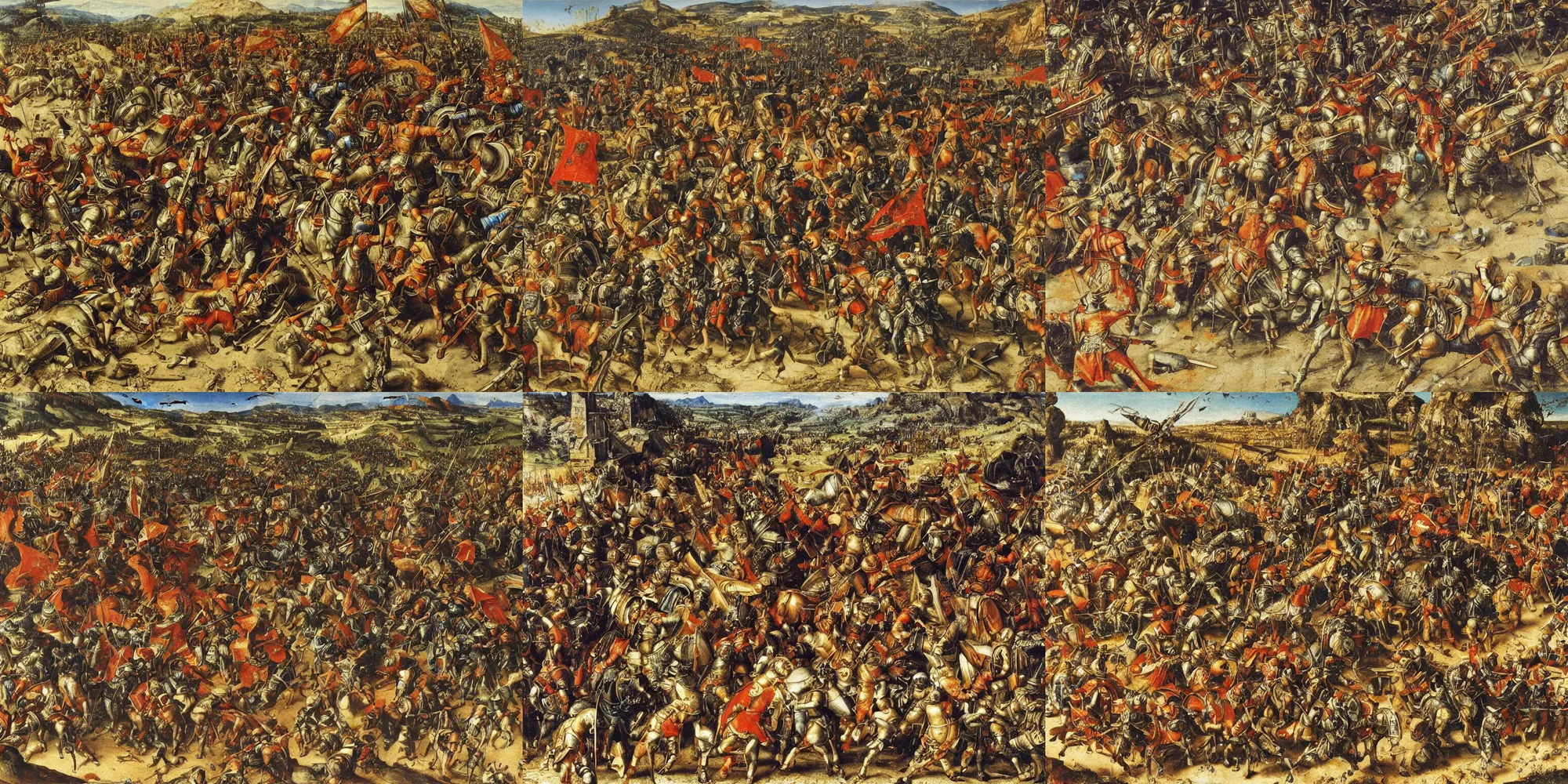 Prompt: detail from an oil painting of the battle of alexander at issus by albrecht altdorfer ( 1 5 2 9 ), highly detailed, battle scene, oil painting on panel
