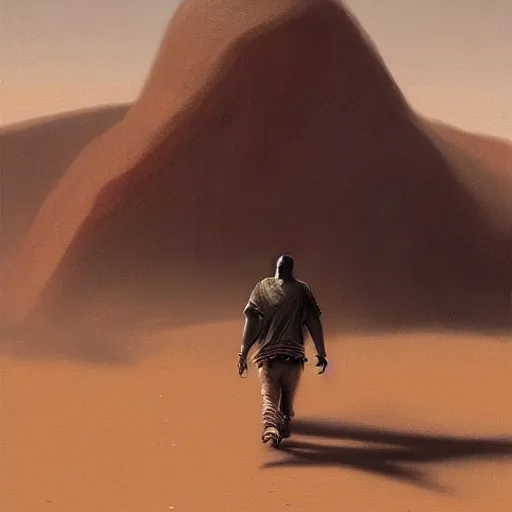 Image similar to kayne west traveling through the desert, painting by Greg Rutkowski, at dawn