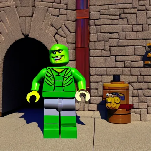 Prompt: shrek as a lego minifigure