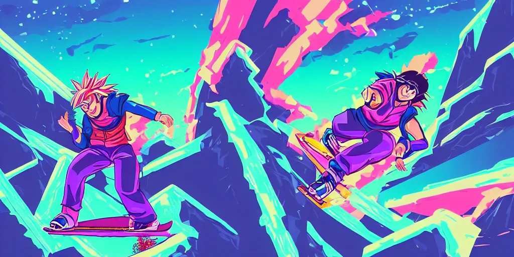 Image similar to vaporwave, vector graphics, synthwave, neon, son goku snowboarding