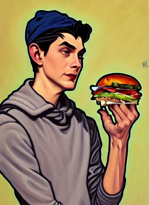 Image similar to oil painting, jughead jones wears a grey crown and devours a hamburger, intricate, elegant, highly detailed, lighting, painting, artstation, smooth, illustration, art by greg rutowski and alphonse mucha