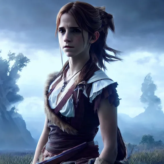 Image similar to a girl from final fantasy live action, movie still of emma watson, horizon zero dawn, evocative, mystical night, sharp focus, very very very very detailed, award winning, masterpiece digital painting by greg rutkowski, alex grey, marc adamus, beautiful dramatic lighting, artstation, 4 k wallpaper, style by peter deligdisch, peterdraws