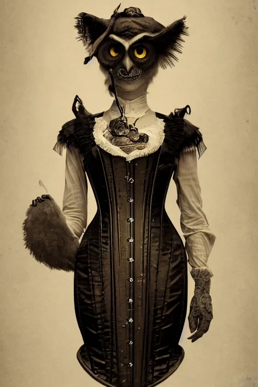 Image similar to wet plate photograph of an anthropomorphic owl dressed in a victorian - era corset dress, dramatic lighting, highly detailed, digital painting, artstation, concept art, smooth, sharp focus, illustration, art by wlop, mars ravelo and greg rutkowski