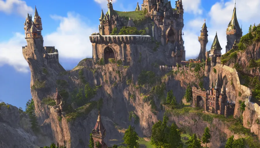 Prompt: Extremely detailed castle with spires and buttresses against a cliff wall, PlayStation 7 screenshot