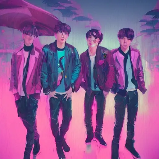 Image similar to “ a portrait of bts band, rainy background, pink bright art masterpiece artstation. 8 k, sharp high quality artwork in style of jose daniel cabrera pena and greg rutkowski, concept art by tooth wu, hearthstone card game artwork. ”