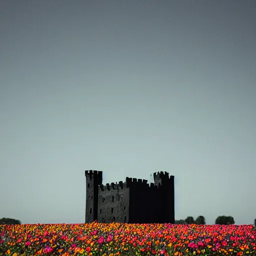Image similar to A very intrincated and ominous tall black castle stands in the middle of an plain covered with colorful flowers