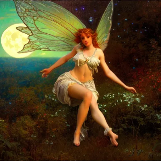 Image similar to attractive fairy magically floating high in the night, fantasy, full moon in background. highly detailed painting by gaston bussiere, craig mullins, j. c. leyendecker, mid shot, 8 k