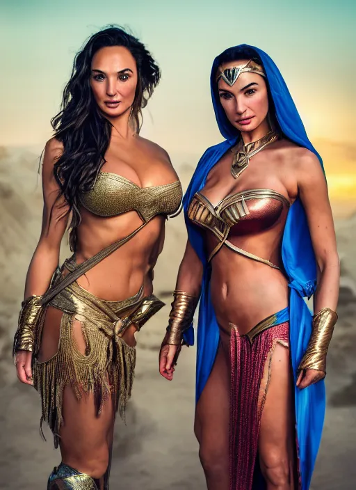 Prompt: portrait of lindsey pelas and gal gadot wearing as princess jasmine, by charlotte grimm, natural light, detailed face, beautiful features, symmetrical, canon eos c 3 0 0, ƒ 1. 8, 3 5 mm, 8 k, medium - format print, half body shot