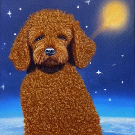 Prompt: a small black labradoodle in space depicted as god. award - winning. oil painting. cute. surreal.