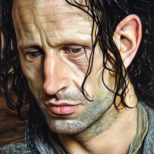 Prompt: high quality high detail painting by lucian freud, hd, aragorn from lord of the rings