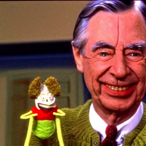 Image similar to mr. rogers proudly displaying an extremely disturbing horror puppet dripping with slime, color screengrab, 4 k