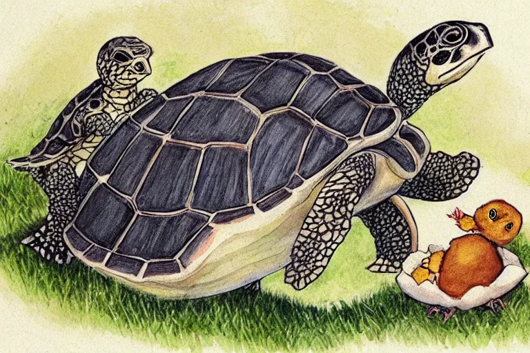 Image similar to turtle and chick, children's book illustration, beautiful