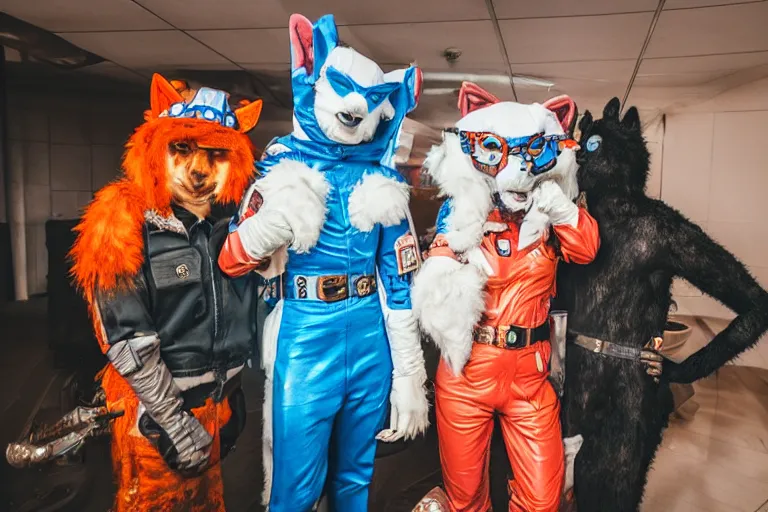 Image similar to furry convention on mars, animal costumes, 8 k photography, cyberpunk